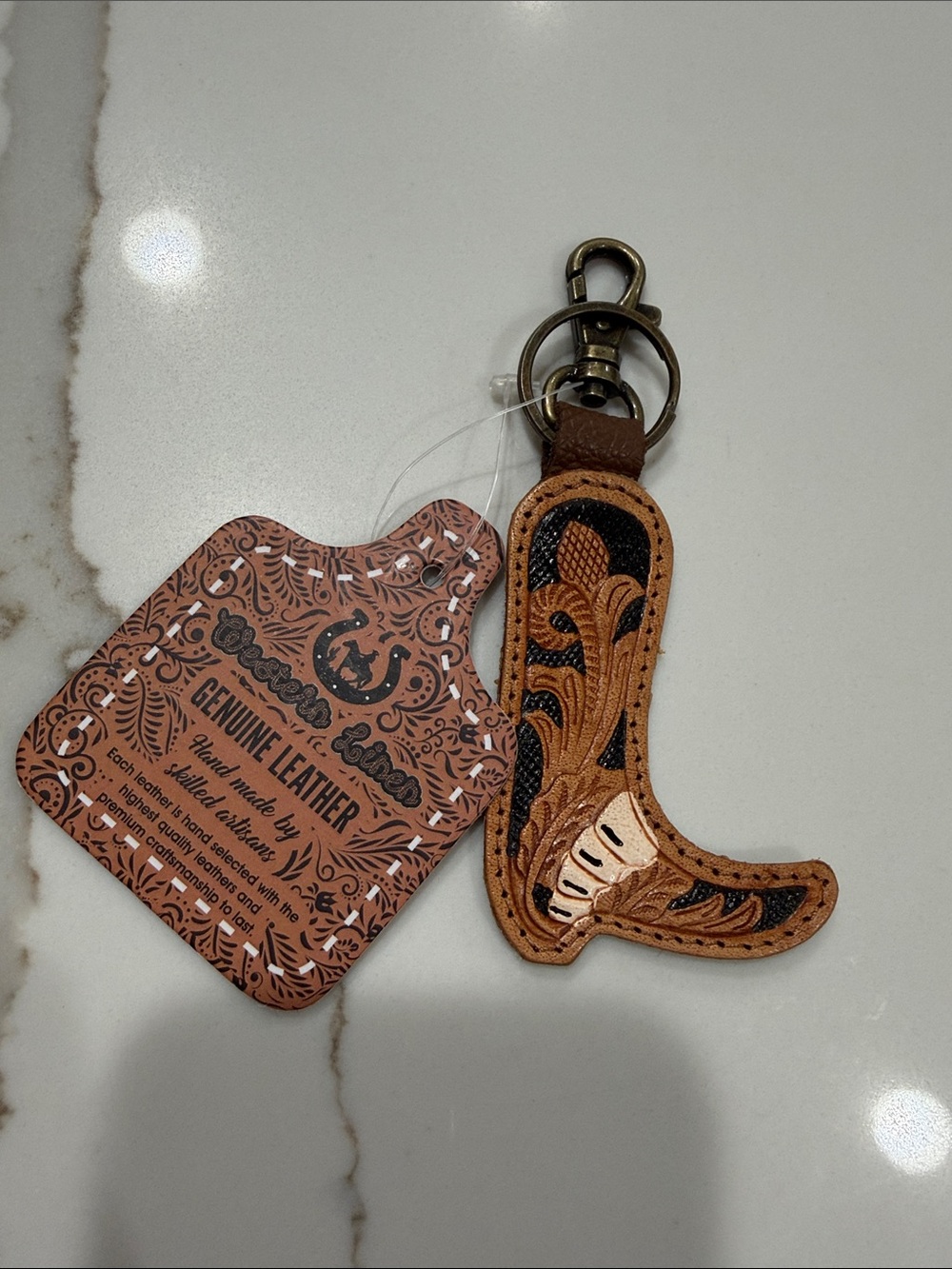 Handtooled Genuine Leather Cowboy Boot Keychain - Brown